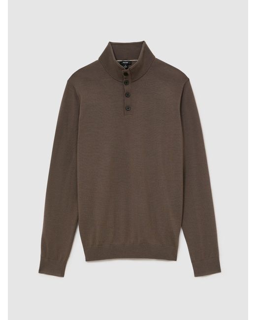 Reiss Brown Merino Wool Funnel-Neck Half-Button Jumper for men