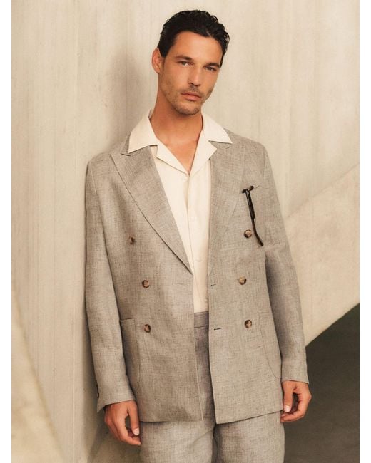 Reiss Gray Tailored Fit Linen Double-Breasted Suit Blazer for men