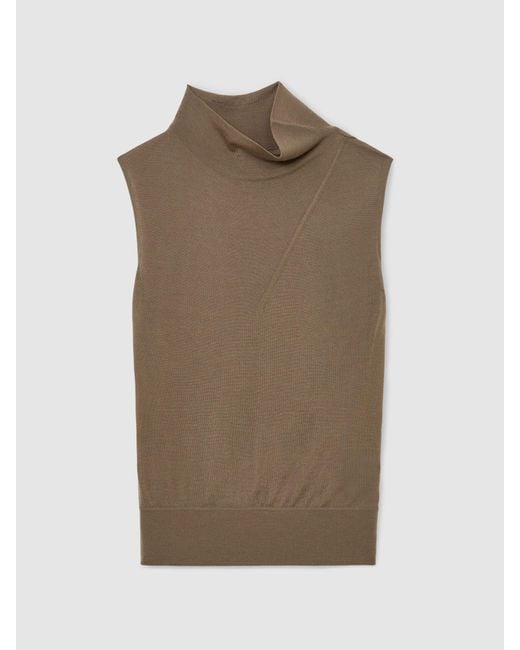 Reiss Multicolor Honey - Khaki Green Wool Funnel-neck Sleeveless Knit Top, Xl (us 16-18)