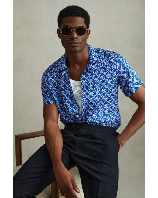 Reiss Tintipan - Bright Blue/white Printed Cuban Collar Shirt for men