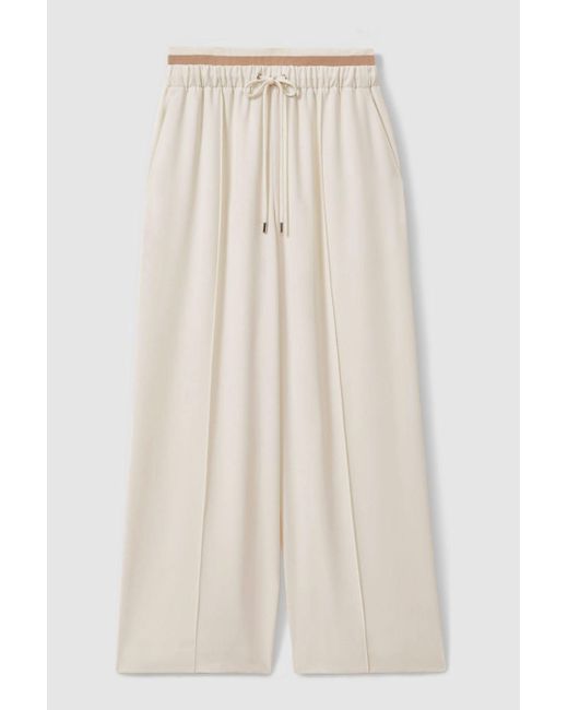 Reiss Natural Fleur - Cream Petite Waistband Detail Wide Leg Trousers