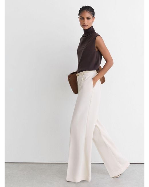 Reiss Natural Eden Petite Elasticated-Waist Wide-Leg Twill Trousers