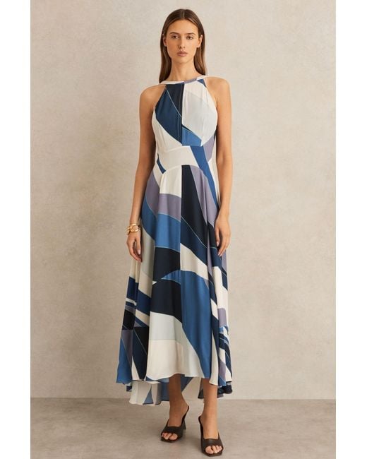 Reiss Imogen - Blue Stripe Print V-back Midi Dress, Us 4