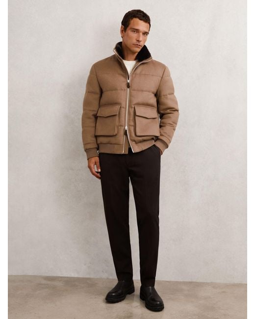 Reiss Brown Faux-Fur Collar Quilted Puffer Jacket for men