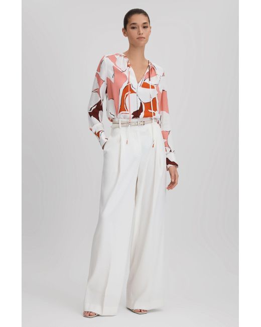 Reiss Tess - Cream/red Printed Tie Neck Blouse