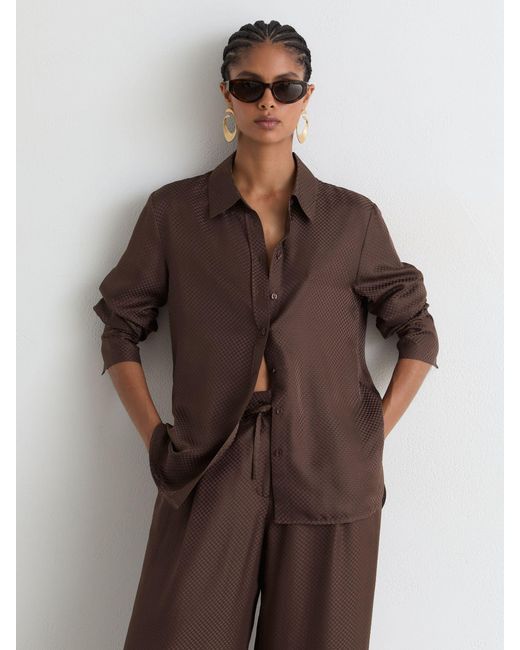 Reiss Aliana - Mocha Brown Silk Jacquard Long-sleeve Shirt, Us 4