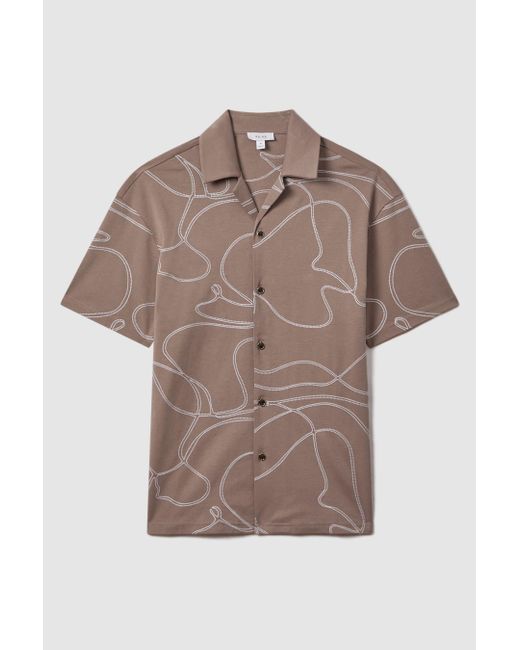 Reiss Brown Menton - Taupe Cotton Jersey Embroidered Shirt, M for men