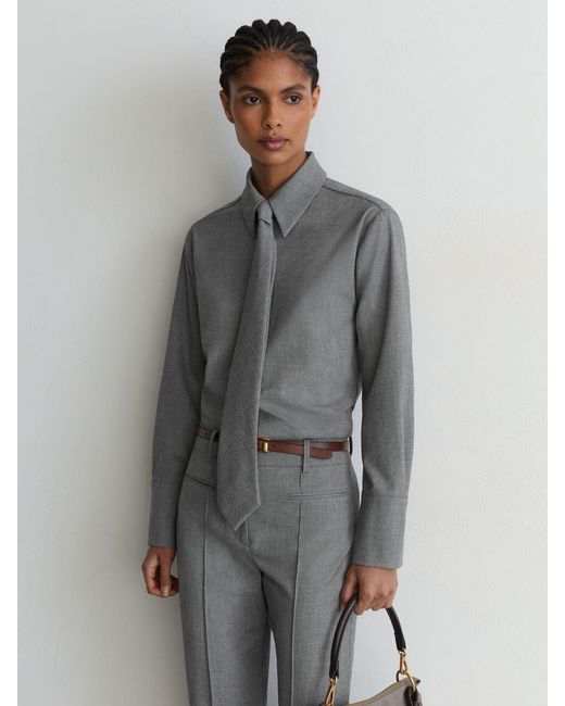 Reiss Gray Woven Neck-Tie Long-Sleeve Shirt