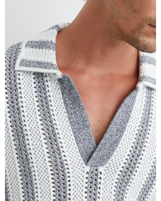 Reiss Gray Soft & Cotton-Blend Crochet Stripe Polo Shirt for men