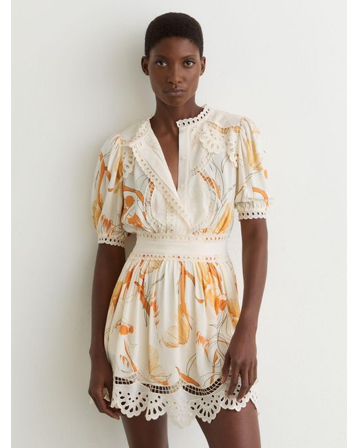 Reiss Natural Floral-Print Lace-Trim Mini Dress