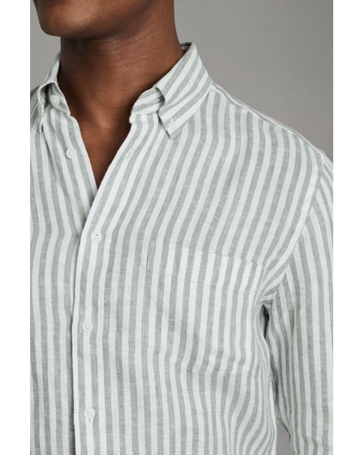 Reiss Gray Queens - Sage Bengal Stripe Linen Button-down Collar Shirt, Xs for men