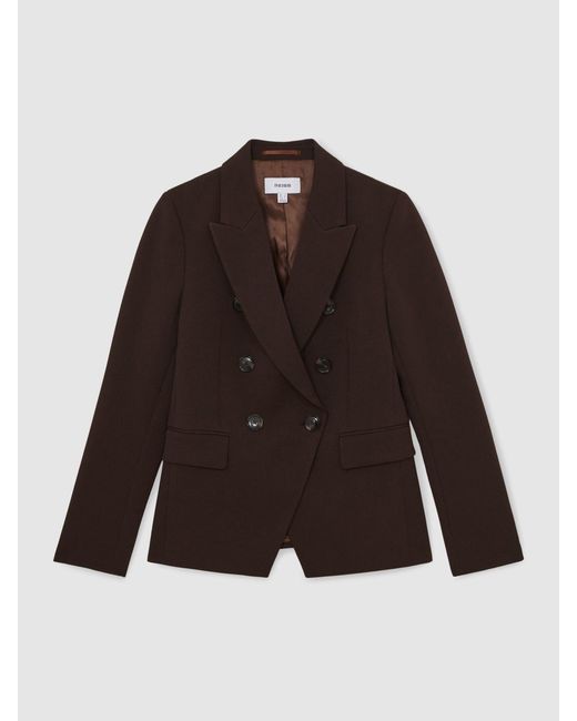 Reiss Black Priya - Chocolate Brown Twill Double-breasted Blazer, Us 2