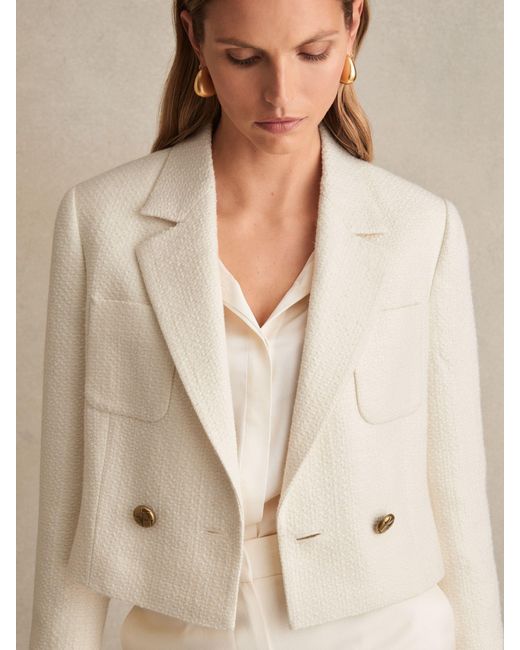 Reiss Natural Double-Breasted Textured Cropped Blazer With Wool And Cotton
