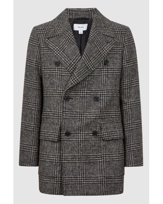 Reiss Gray Brag - Black/brown Wool Double Breasted Check Coat for men
