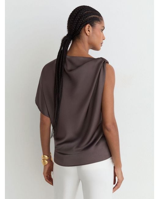 Reiss Brown Satin Draped One-Shoulder Top
