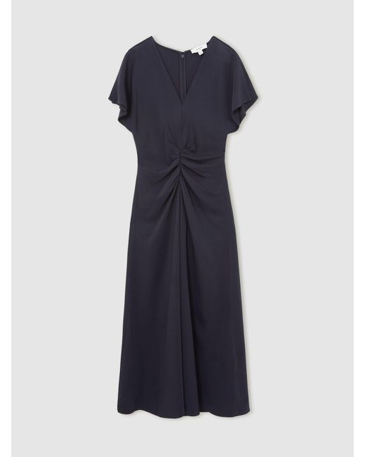 Reiss Blue Ruched-Front Midi Dress