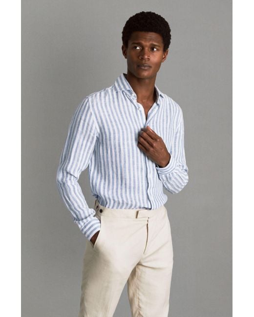 Reiss Gray Ruban - Soft Blue Herringbone Stripe Linen Button-through Shirt for men