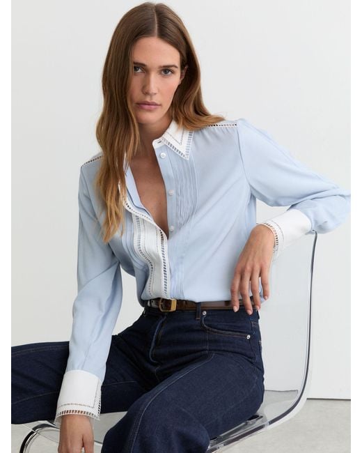 Reiss Blue Luma Lace-Trim Tipped Long-Sleeve Shirt