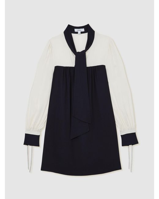 Reiss Blue Tie-Neck Contrast Shift Dress