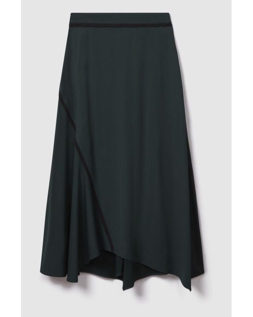 Reiss Black Sara - Green Asymmetric Contrast Trim Midi Skirt