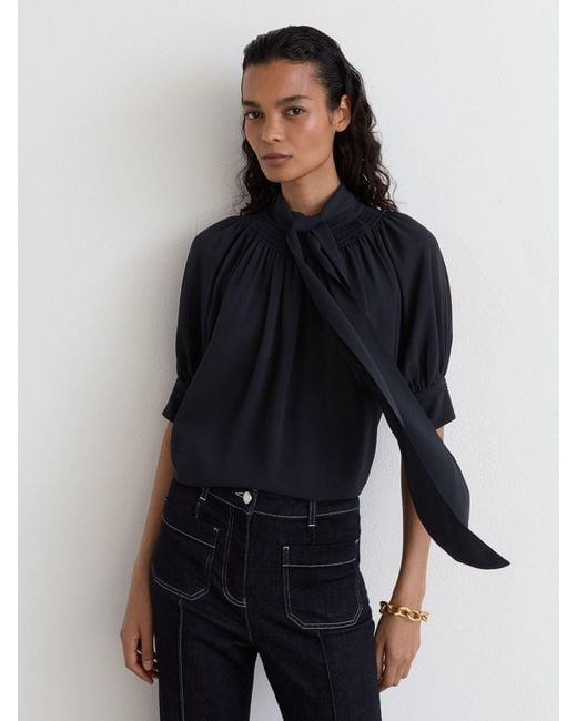 Reiss Blue Tie-Neck Short-Sleeve Blouse