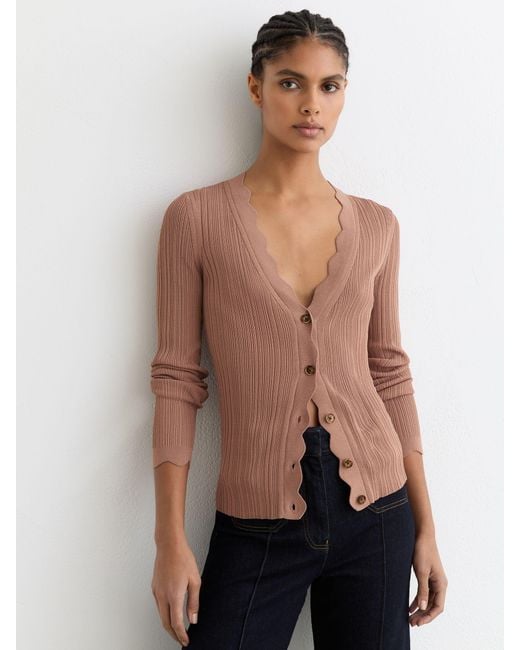 Reiss Natural Rib-Knit Scallop-Trim Cardigan
