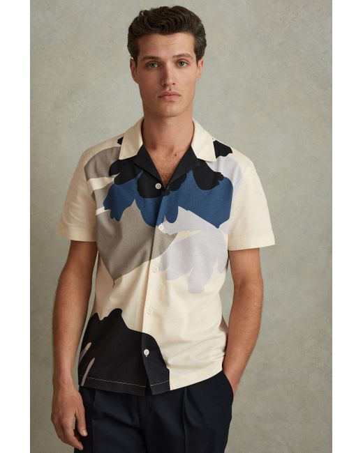 Reiss Multicolor Parc - Blue Multi Cotton Floral Print Cuban Collar Shirt for men