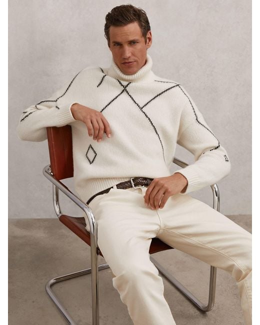 Reiss Natural Wool-Blend Roll-Neck Argyle Jumper for men