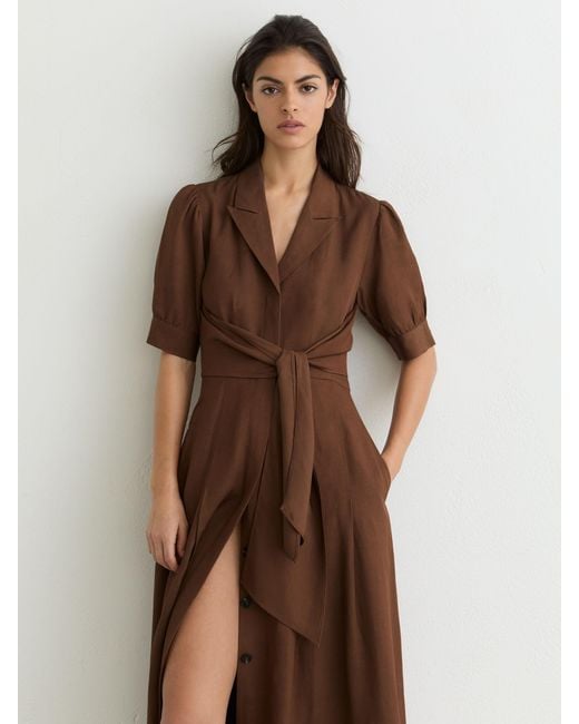 Reiss Brown Short-Sleeve Belted Midi Dress With Linen
