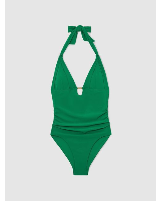 Reiss Green Pleat-Detail Halterneck Swimsuit