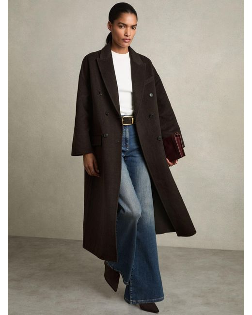 Reiss Black Lara Chocolate Wool Blend Herringbone-Twill Coat