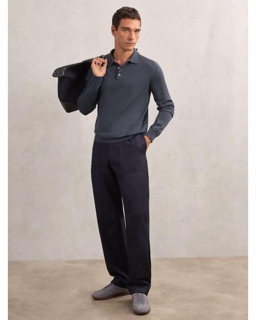 Reiss Blue Trafford Merino Wool Long-Sleeve Polo Shirt for men