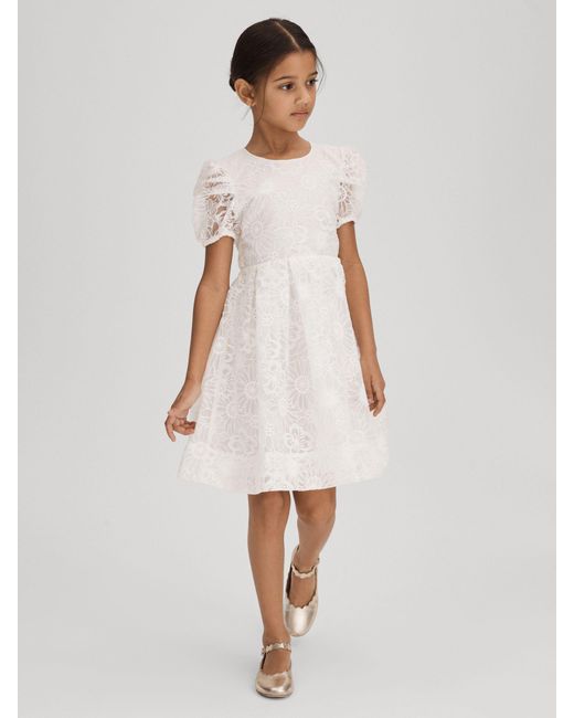 Reiss Natural Cotton Floral Lace Puff Sleeve Dress, Size: 13-14 Years
