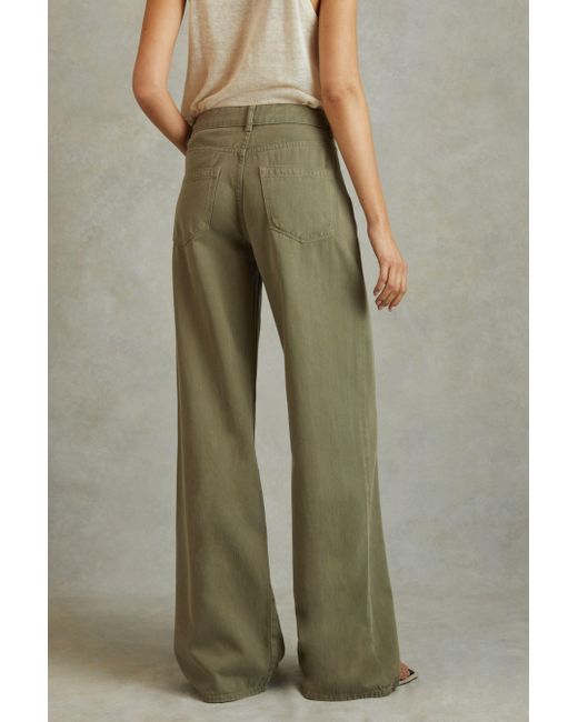 Reiss Green Colorado Wide Leg Trousers Cotton Plain