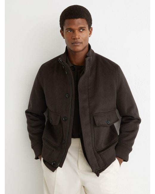 Reiss Black Hadley - Chocolate Brown Wool-blend Funnel-neck Bomber Jacket, Xs for men