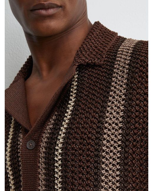 Reiss Brown Crochet Stripe Cuban-Collar Shirt for men