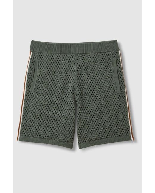 Reiss Creek - Dark Sage Green Cotton Blend Crochet Drawstring Shorts for men