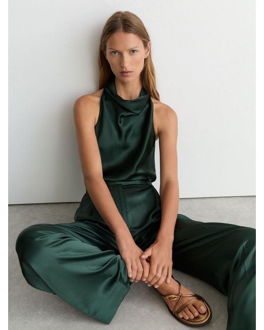 Reiss Green Petite Satin Wide-Leg Pleated Trousers