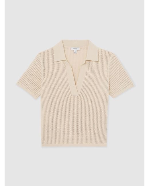Reiss Blue Pippa - Ivory Open-stitch Knitted Polo Top, M (us 8-10)