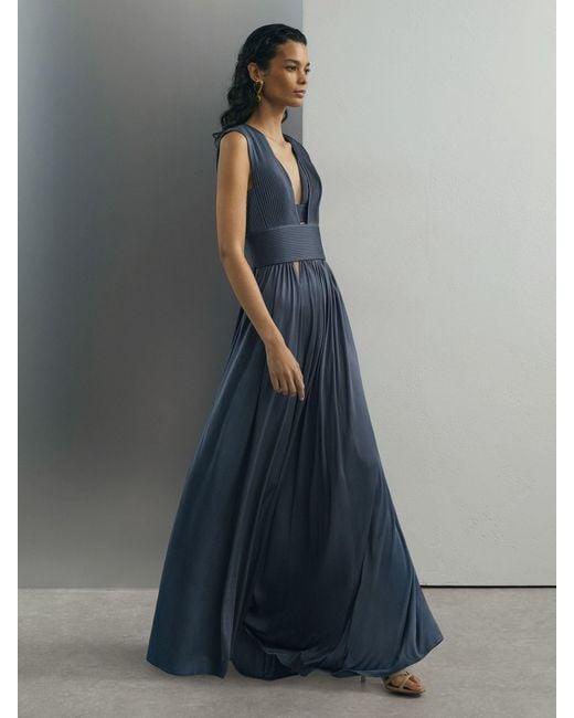 ATELIER Gray Pleated Plunge-Neck Maxi Dress