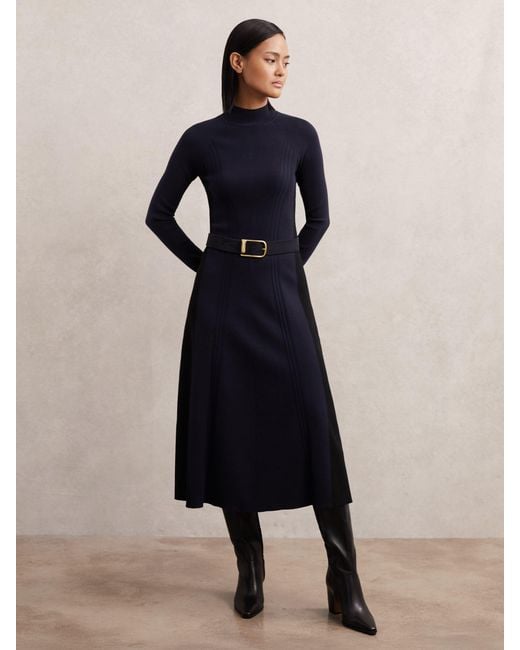 Reiss Blue Zaya Petite Knitted Contrast-Panel Midi Dress