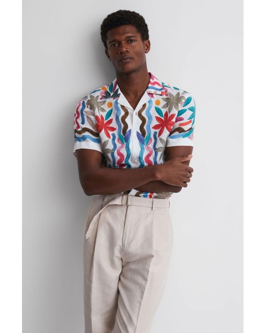 Reiss Multicolor Delphi - Multi Linen Floral Cuban Collar Shirt for men