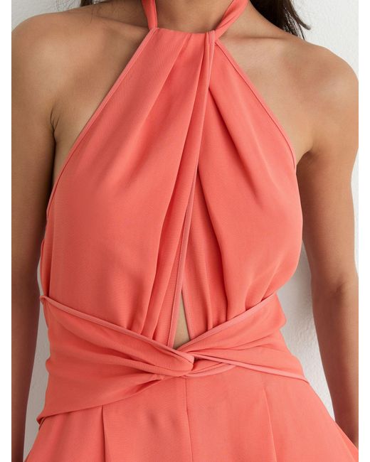 Reiss Red Twist-Front Halterneck Wide-Leg Jumpsuit