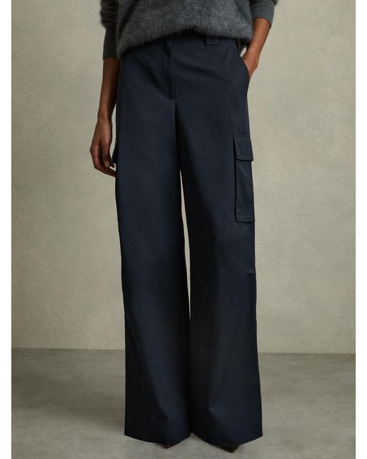 Reiss Blue Cotton-Tencel Wide-Leg Combat Trousers