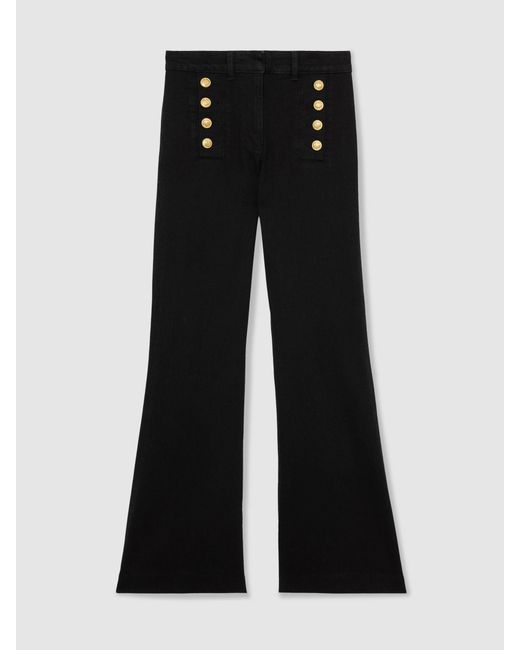Reiss Black Petite Button-Detail High-Rise Flared Jeans