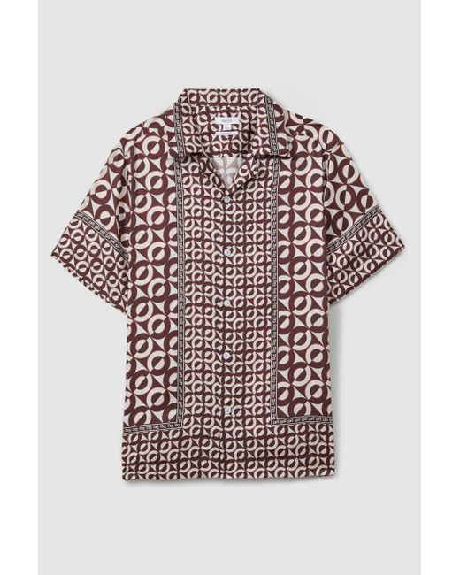 Reiss Natural Prentice - Tobacco Geometric Print Cuban Collar Shirt for men