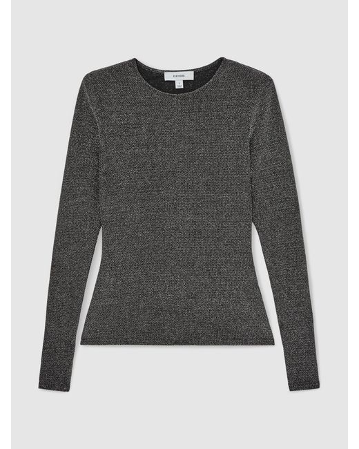 Reiss Gray Metallic-Knit Long-Sleeve Top