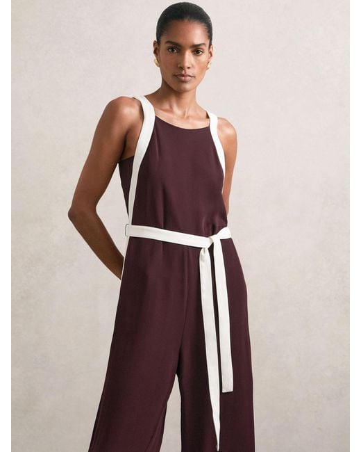 Reiss Multicolor Burgundy & Cream Colourblock Wide Leg Belted Jumpsuit