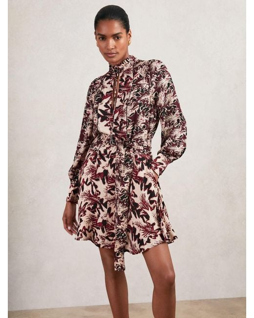 Reiss Natural Burgundy & Cream Tie-Waist Flippy Mini Dress