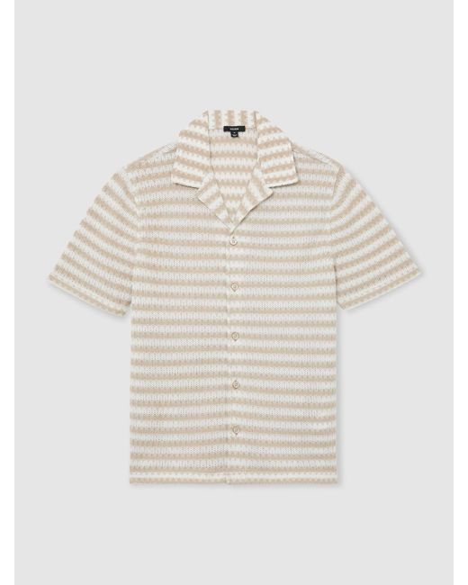 Reiss White Oatmeal Striped Crochet Cuban-Collar Shirt for men